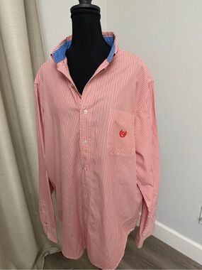 Chaps Red and White Pinstripe Button-Down Shirt with Blue Inner Collar